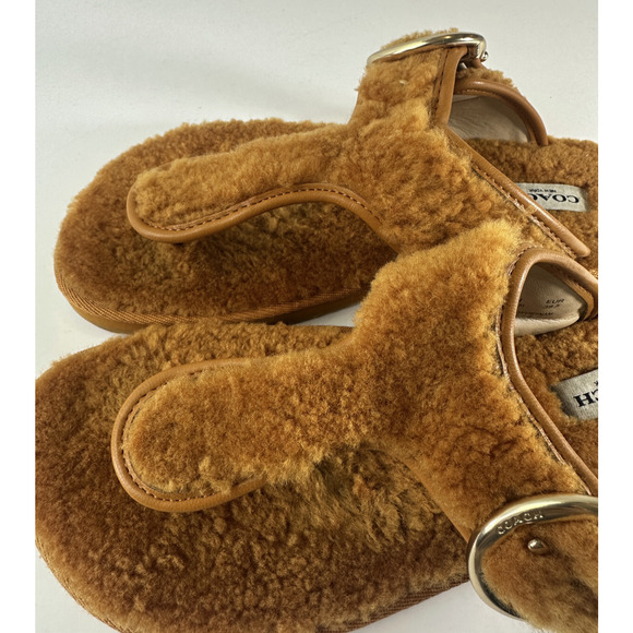 Coach Hollie Flip Flops Plush Shearling Slip On Thong Sandals Butterscotch Sz 9B - Picture 10 of 14
